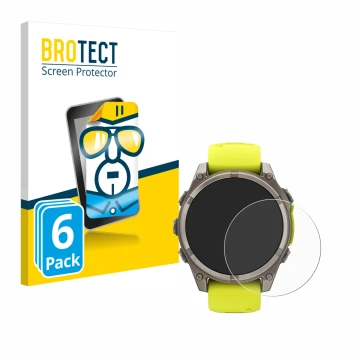 Face avant d’un emballage produit avec le logo de la marque BROTECT. À côté, l’appareil Garmin Fenix 8 Solar (47 mm) est repré