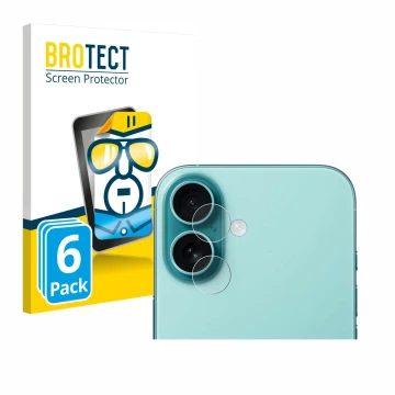 Face avant d’un emballage produit avec le logo de la marque BROTECT. À côté, l’appareil Apple iPhone 16 (Caméra UNIQUEMENT) es