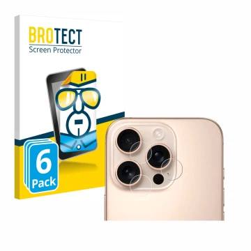 Face avant d’un emballage produit avec le logo de la marque BROTECT. À côté, l’appareil Apple iPhone 16 Pro (Caméra UNIQUEMENT