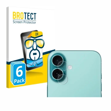 Face avant d’un emballage produit avec le logo de la marque BROTECT. À côté, l’appareil Apple iPhone 16 Plus (Caméra UNIQUEMEN