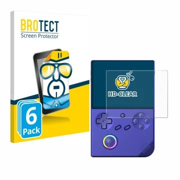 Face avant d’un emballage produit avec le logo de la marque BROTECT. À côté, l’appareil Anbernic RG40XXV est représenté avec l