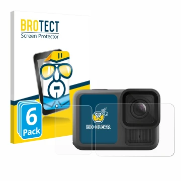 Face avant d’un emballage produit avec le logo de la marque BROTECT. À côté, l’appareil GoPro Hero 13 Black est représenté ave