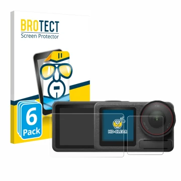 Face avant d’un emballage produit avec le logo de la marque BROTECT. À côté, l’appareil DJI Osmo Action 5 Pro est représenté a