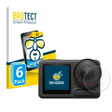 Face avant d’un emballage produit avec le logo de la marque BROTECT. À côté, l’appareil DJI Osmo Action 5 Pro (Lentille) est r