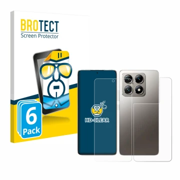 Face avant d’un emballage produit avec le logo de la marque BROTECT. À côté, l’appareil Xiaomi 14T (Avant+Arrière) est représe