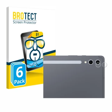 Face avant d’un emballage produit avec le logo de la marque BROTECT. À côté, l’appareil Samsung Galaxy Tab S10 Plus WiFi (Camé