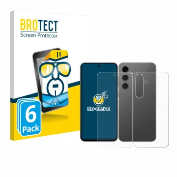 Face avant d’un emballage produit avec le logo de la marque BROTECT. À côté, l’appareil Samsung Galaxy S24 FE (Avant+Arrière) 
