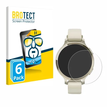 Face avant d’un emballage produit avec le logo de la marque BROTECT. À côté, l’appareil Garmin Lily 2 Active est représenté av