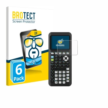 Face avant d’un emballage produit avec le logo de la marque BROTECT. À côté, l’appareil Texas Instruments TI-84 Plus CE-T Pyth