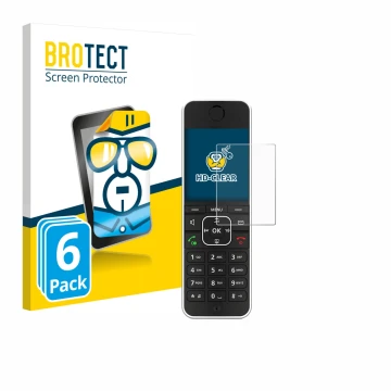 Face avant d’un emballage produit avec le logo de la marque BROTECT. À côté, l’appareil AVM Fritz!Fon C6 Black est représenté 
