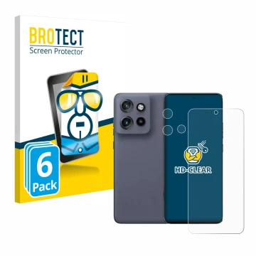 Face avant d’un emballage produit avec le logo de la marque BROTECT. À côté, l’appareil Motorola Edge 50 Neo (Avant+Caméra) es