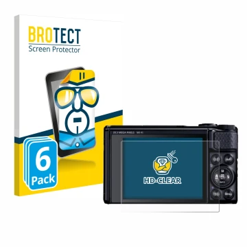 Face avant d’un emballage produit avec le logo de la marque BROTECT. À côté, l’appareil Canon PowerShot SX740 HS Lite est repr