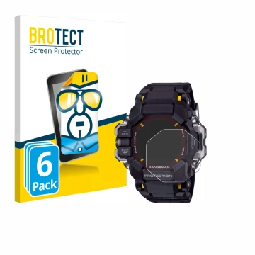 Face avant d’un emballage produit avec le logo de la marque BROTECT. À côté, l’appareil Casio G-Shock GPR-H 1000 est représent