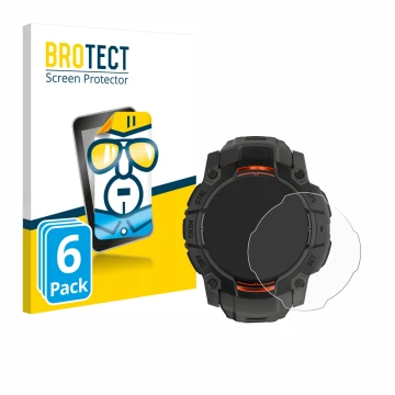 Face avant d’un emballage produit avec le logo de la marque BROTECT. À côté, l’appareil Garmin Instinct 3 Solar (50 mm) est re