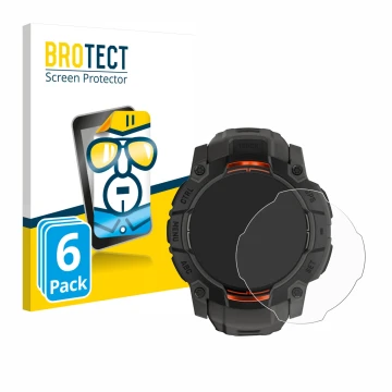 Face avant d’un emballage produit avec le logo de la marque BROTECT. À côté, l’appareil Garmin Instinct 3 Solar (45 mm) est re