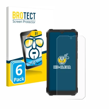 Face avant d’un emballage produit avec le logo de la marque BROTECT. À côté, l’appareil Blackview BV6200 Plus est représenté a