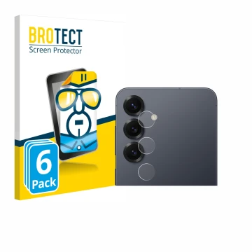 Face avant d’un emballage produit avec le logo de la marque BROTECT. À côté, l’appareil Samsung Galaxy S25 (Caméra UNIQUEMENT)