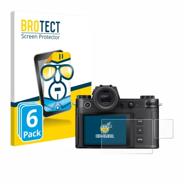 Face avant d’un emballage produit avec le logo de la marque BROTECT. À côté, l’appareil Leica SL3-S (Affichage + affichage des