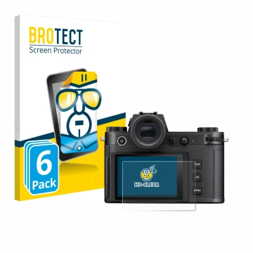 Face avant d’un emballage produit avec le logo de la marque BROTECT. À côté, l’appareil Leica SL3-S est représenté avec la pro