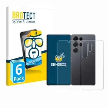 Face avant d’un emballage produit avec le logo de la marque BROTECT. À côté, l’appareil Samsung Galaxy S25 Ultra (Avant+Arrièr