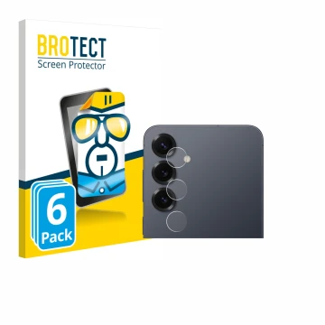 Face avant d’un emballage produit avec le logo de la marque BROTECT. À côté, l’appareil Samsung Galaxy S25 Plus (Caméra UNIQUE