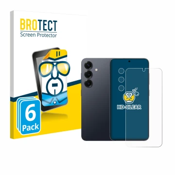 Face avant d’un emballage produit avec le logo de la marque BROTECT. À côté, l’appareil Samsung Galaxy S25 Plus (Avant+Caméra)