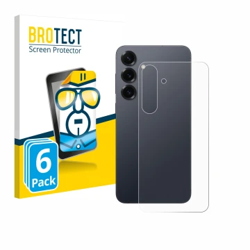 Face avant d’un emballage produit avec le logo de la marque BROTECT. À côté, l’appareil Samsung Galaxy S25 Plus (Arrière) est 