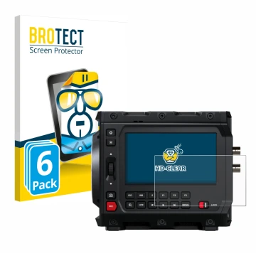 Face avant d’un emballage produit avec le logo de la marque BROTECT. À côté, l’appareil Blackmagic Design Pyxis 6K 4