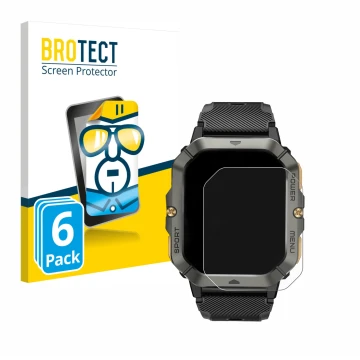 Face avant d’un emballage produit avec le logo de la marque BROTECT. À côté, l’appareil Banlvs Smartwatch 2.02