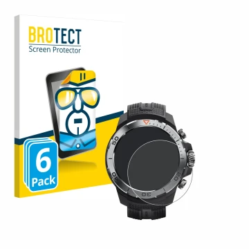 Face avant d’un emballage produit avec le logo de la marque BROTECT. À côté, l’appareil Xiaomi Mibro GS Explorer est représent