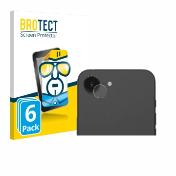 Face avant d’un emballage produit avec le logo de la marque BROTECT. À côté, l’appareil Apple iPhone 16e (Caméra UNIQUEMENT) e