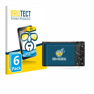 Face avant d’un emballage produit avec le logo de la marque BROTECT. À côté, l’appareil Sony Cyber-Shot DSC-RX100 VIIA est rep