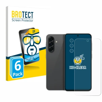 Face avant d’un emballage produit avec le logo de la marque BROTECT. À côté, l’appareil Samsung Galaxy A56 5G (Avant+Caméra) e