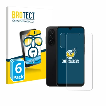 Face avant d’un emballage produit avec le logo de la marque BROTECT. À côté, l’appareil Samsung Galaxy A26 5G (Avant+Caméra) e
