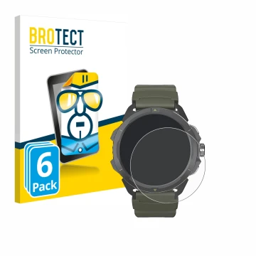 Face avant d’un emballage produit avec le logo de la marque BROTECT. À côté, l’appareil Hammer Watch 2 Military Edition est re