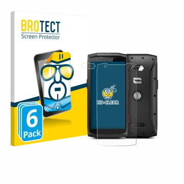 Face avant d’un emballage produit avec le logo de la marque BROTECT. À côté, l’appareil Crosscall Core-M5 (Avant+Caméra) est r