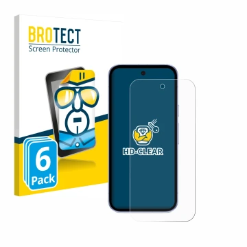 Face avant d’un emballage produit avec le logo de la marque BROTECT. À côté, l’appareil Google Pixel 9a est représenté avec la