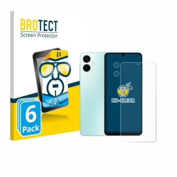 Face avant d’un emballage produit avec le logo de la marque BROTECT. À côté, l’appareil Samsung Galaxy A06 5G (Avant+Caméra) e