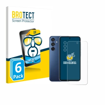 Face avant d’un emballage produit avec le logo de la marque BROTECT. À côté, l’appareil Samsung Galaxy M35 (Avant+Caméra) est 
