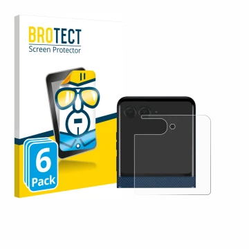 Face avant d’un emballage produit avec le logo de la marque BROTECT. À côté, l’appareil Motorola Razr 60 (Affichage arrière) e