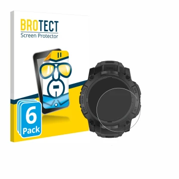 Face avant d’un emballage produit avec le logo de la marque BROTECT. À côté, l’appareil Garmin Instinct 3 Tactical AMOLED Edit