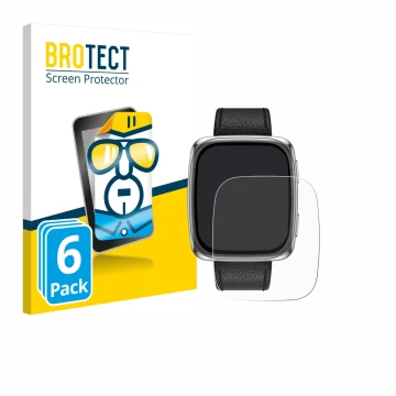 Face avant d’un emballage produit avec le logo de la marque BROTECT. À côté, l’appareil Amazfit Active 2 (rectangulaire) est r
