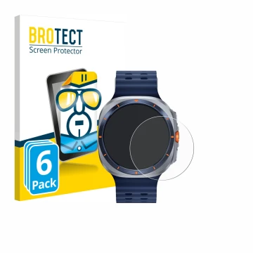 Face avant d’un emballage produit avec le logo de la marque BROTECT. À côté, l’appareil Samsung Galaxy Watch Ultra 2 (47 mm) e