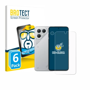Face avant d’un emballage produit avec le logo de la marque BROTECT. À côté, l’appareil Tecno Pova 7 Pro (Avant+Caméra) est re