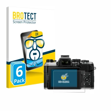 Face avant d’un emballage produit avec le logo de la marque BROTECT. À côté, l’appareil Olympus OM System OM-5 Mark II est rep