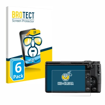 Face avant d’un emballage produit avec le logo de la marque BROTECT. À côté, l’appareil Ricoh GR IV 2025 est représenté avec l