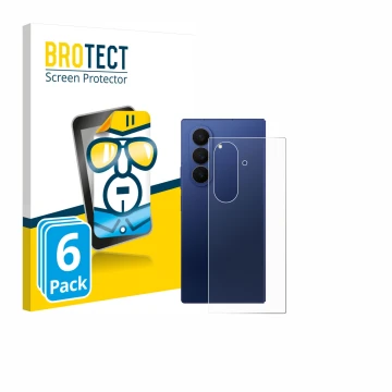 Face avant d’un emballage produit avec le logo de la marque BROTECT. À côté, l’appareil Samsung Galaxy Z Fold 7 (Arrière) est 