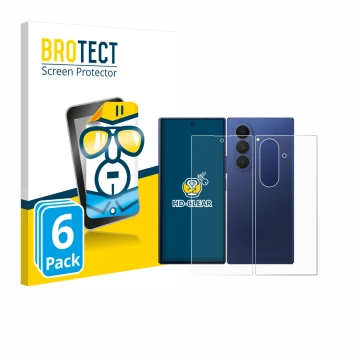 Face avant d’un emballage produit avec le logo de la marque BROTECT. À côté, l’appareil Samsung Galaxy Z Fold 7 (Avant+Arrière