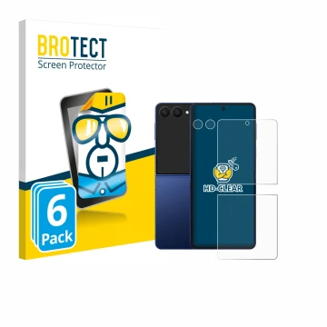 Face avant d’un emballage produit avec le logo de la marque BROTECT. À côté, l’appareil Samsung Galaxy Z Flip 7 (Avant+Caméra)