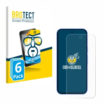 Face avant d’un emballage produit avec le logo de la marque BROTECT. À côté, l’appareil Google Pixel 10 est représenté avec la